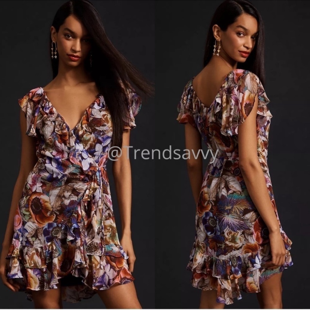Anthropologie Purple Floral Ruffle Wrap Mini Dress M Tie Waist Resort Style Boho